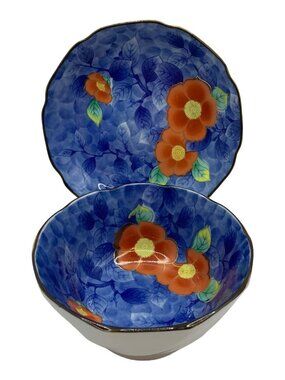 Japan Porcelain Bowl and Plate Cobalt Blue Orange Flowers Scalloped Edge Signed